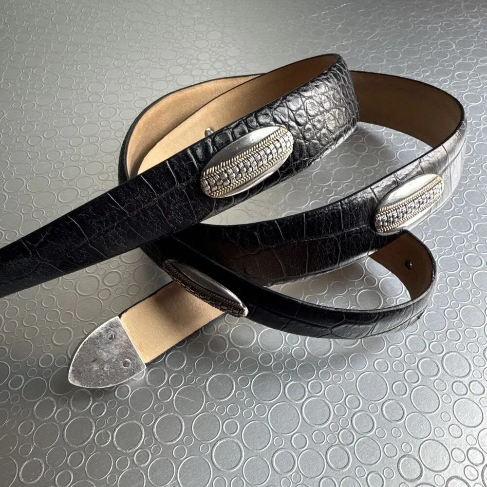 Vtg Western Black Leather Concho Belt Strap No Buckle Italian Calfskin Mens 44